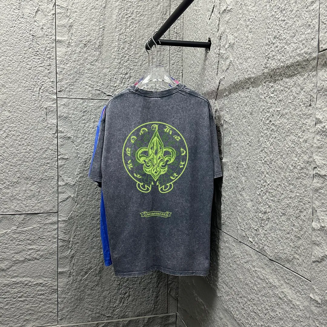 🅿️180 CH* Crow Heart* 2025 spring and summer new style Snowflake distressed washed retro round neck short sleeves Chest and front logo Horseshoe print on front and back Customized fabric Short-sleeved T-shirt Unisex Size: S M L XL XXL Color: Snowflake Black Snowflake Gray Snowflake Pink Snowflake Blue